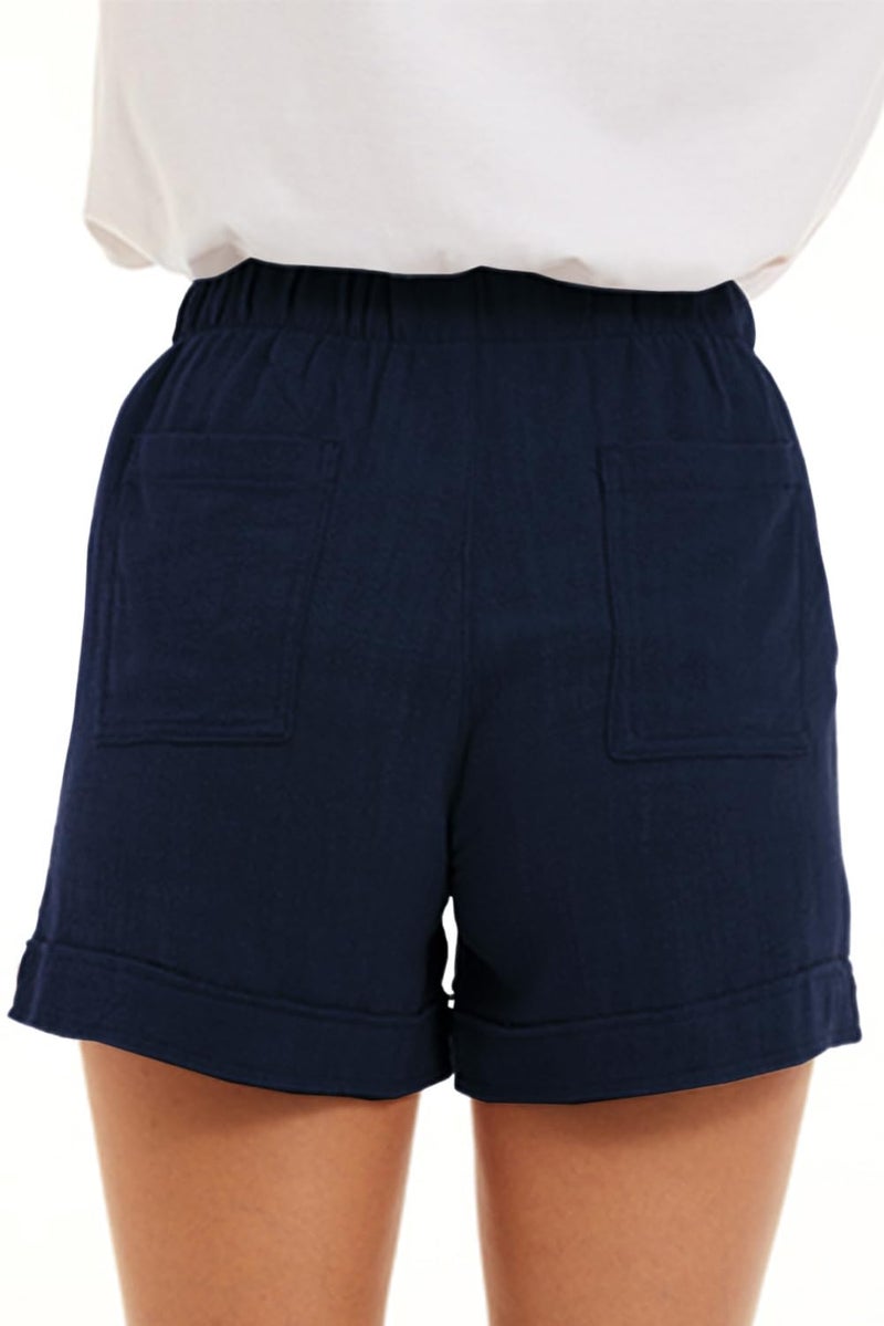 KINGFEN Womens Shorts Casual Beach Comfy Linen Shorts with Pockets Summer Pull On Drawstring Lounge Short Blue Medium - Image 2